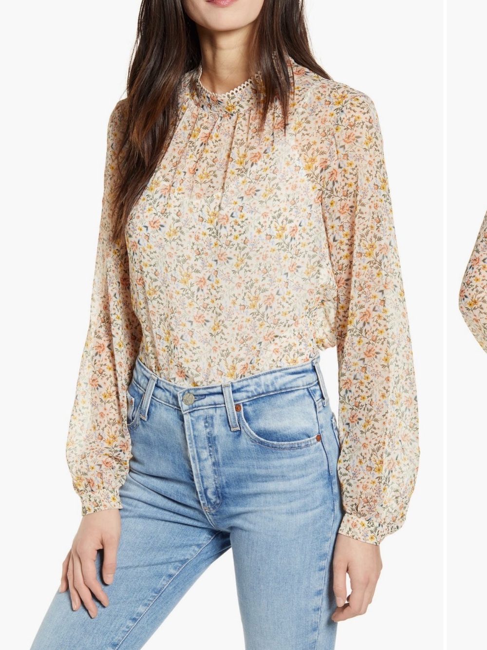 French Connection Peach Floral Long-Sleeve Peasant Blouse